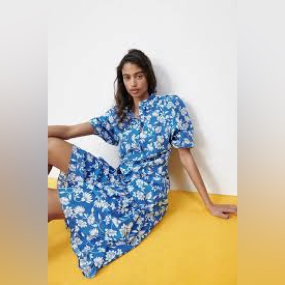 Zara Blue Floral Drop Waist Midi Shirt Dress Summer Dress - Size Medium - Picture 6 of 9